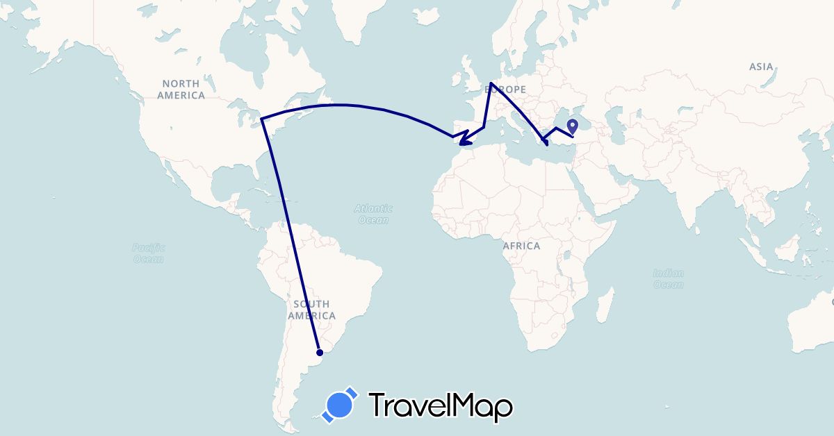 TravelMap itinerary: driving in Argentina, Canada, Spain, Greece, Netherlands, Portugal, Turkey (Asia, Europe, North America, South America)